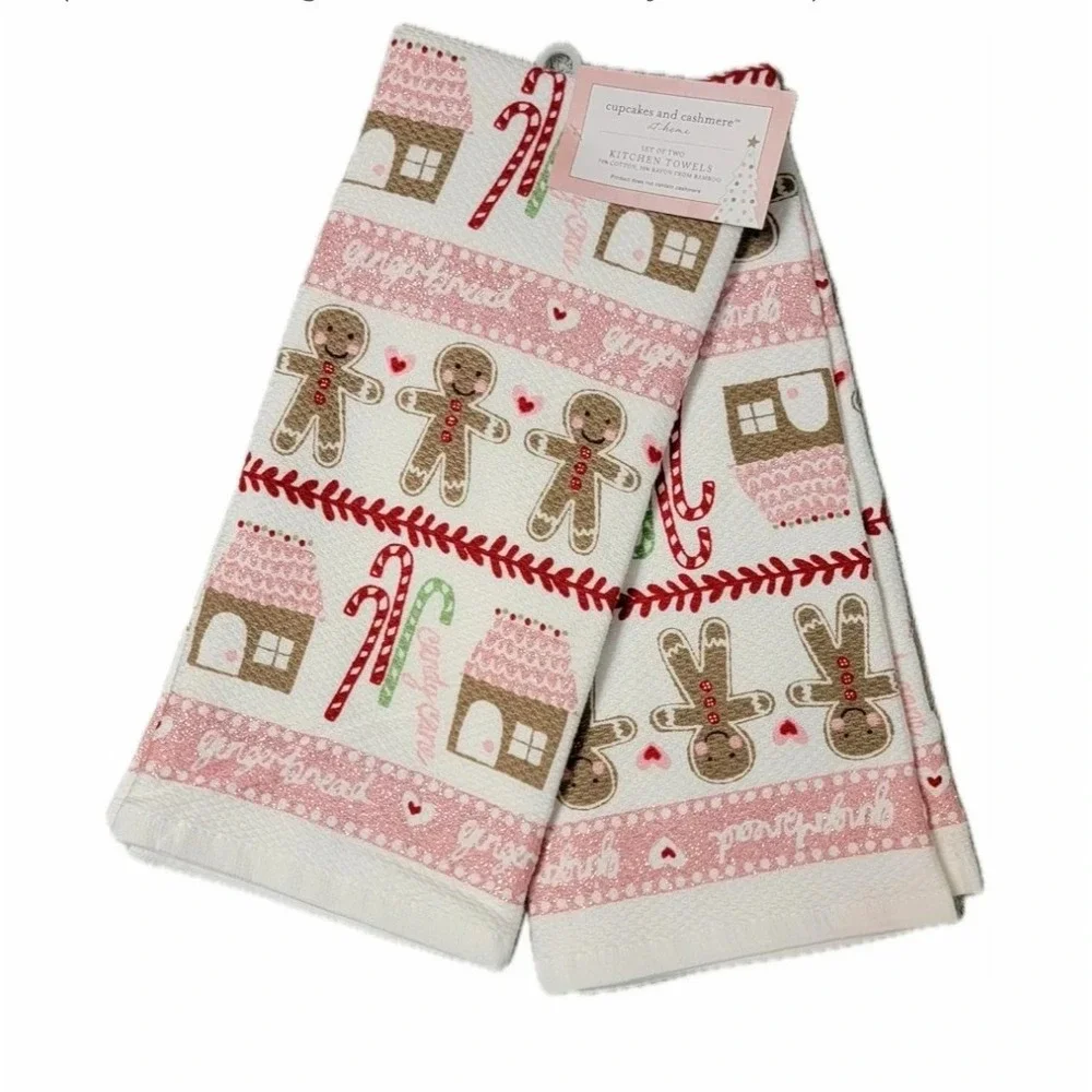 Cupcakes and Cashmere Pink Gingerbread Christmas Kitchen Towels Set of 2